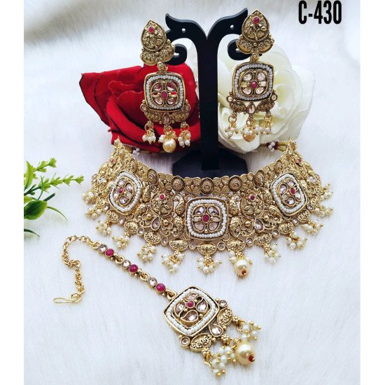 Square Motif Kundan Bridal Choker Set with Earrings & Tikka
