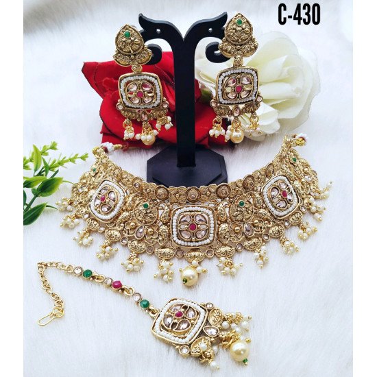 Dual Color Square Motif Kundan Bridal Choker Set with Earrings & Tikka