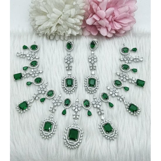 Emerald Green Diamond-Cut American Diamond Necklace Set