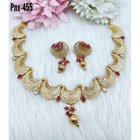 Matte Gold Engraved Crescent Necklace Set with Dual Stone Drops 