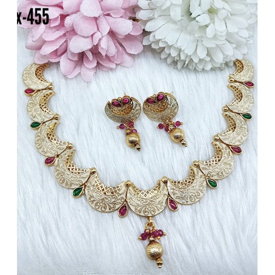 Matte Gold Engraved Crescent Necklace Set with Dual Stone Drops 