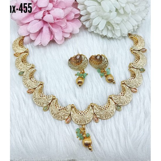 Matte Gold Engraved Crescent Necklace Set with Dual Stone Drops 
