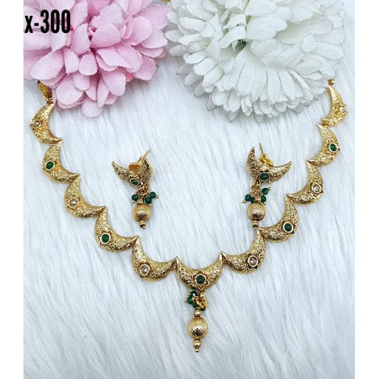 Antique Gold-Tone Crescent Motif Necklace Set with Green Stones