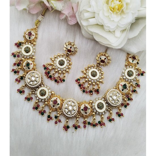 Royal Kundan Round Motif Choker Necklace Set with Pearl Drops