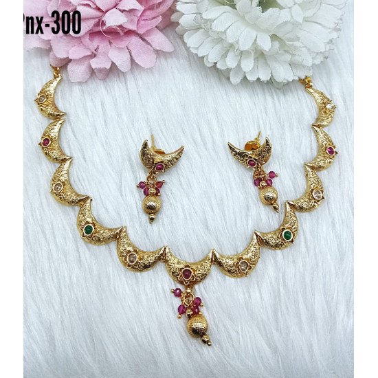 Antique Gold-Tone Crescent Motif Necklace Set with Green Stones