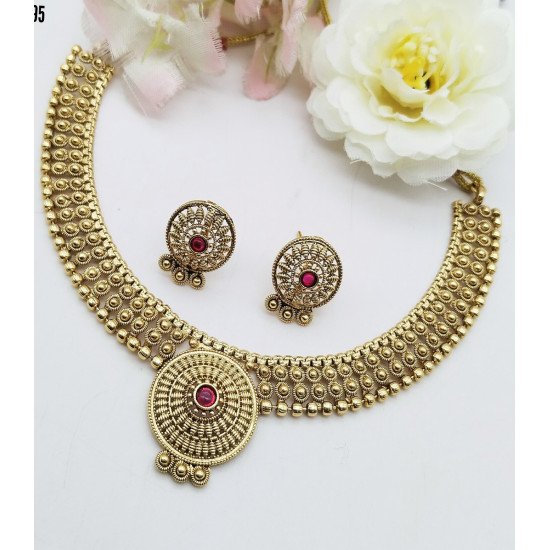 Red Stone Floral Studded Gold-Tone Hoop Earrings And Necklace