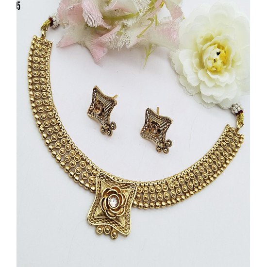 Designer Stone Floral Studded Gold-Tone Hoop Earrings & Necklace