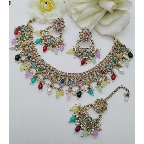 Antique Green Stone Bridal Necklace Set with Earrings & Maang Tikka