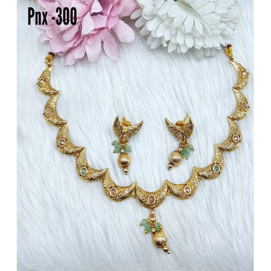 Antique Gold-Tone Crescent Motif Necklace Set with Green Stones