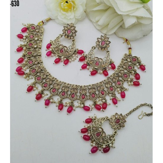 Antique Green Stone Bridal Necklace Set with Earrings & Maang Tikka