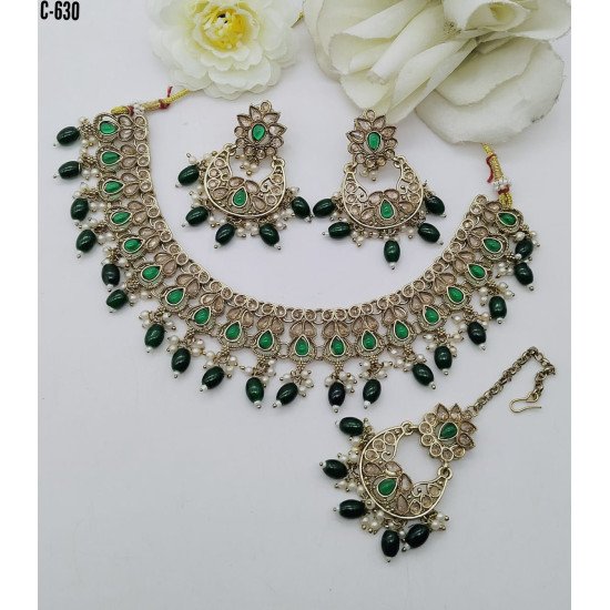 Antique Green Stone Bridal Necklace Set with Earrings & Maang Tikka