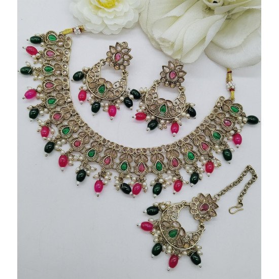 Antique Green Stone Bridal Necklace Set with Earrings & Maang Tikka