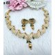 Matte Gold Engraved Crescent Necklace Set with Dual Stone Drops 
