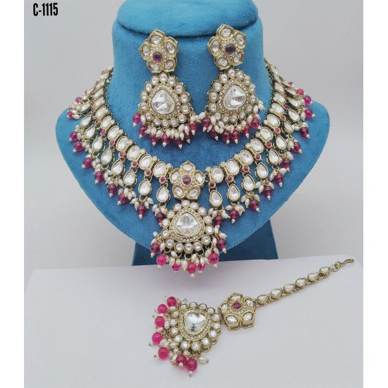 Designer Bridal Kundan Necklace Set with Ruby and Pearl Detailing – Elegant Wedding Jewelry Set