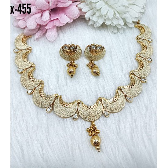 Matte Gold Engraved Crescent Necklace Set with Dual Stone Drops 
