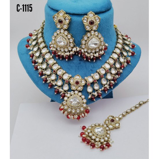 Designer Bridal Kundan Necklace Set with Ruby and Pearl Detailing – Elegant Wedding Jewelry Set