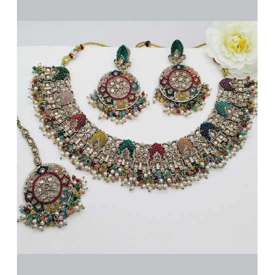 Traditional Silver Pearl and Stone Necklace Set with Earrings – Elegant Bridal Jewelry Set