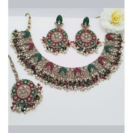 Traditional Silver Pearl and Stone Necklace Set with Earrings – Elegant Bridal Jewelry Set
