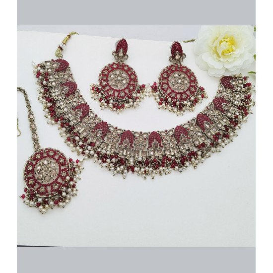 Traditional Silver Pearl and Stone Necklace Set with Earrings – Elegant Bridal Jewelry Set
