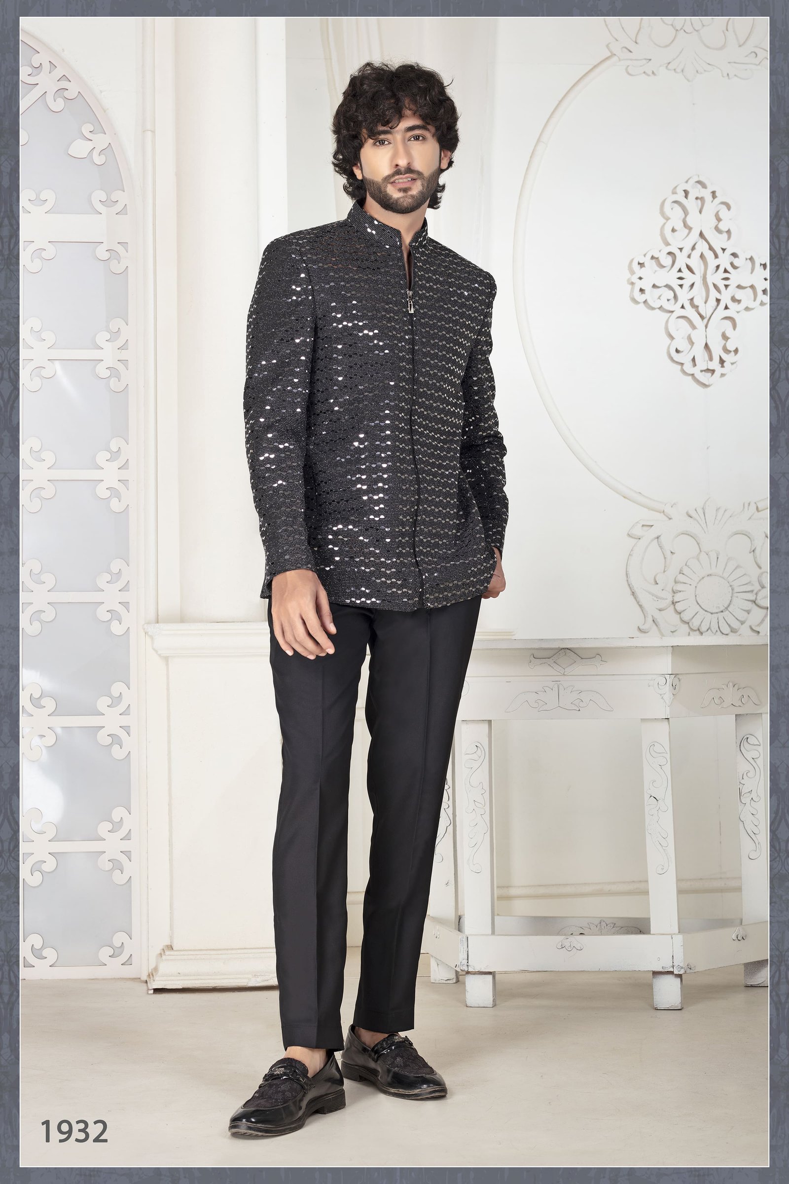 Black Sequence Work Zip Paattern Bandgala For Men