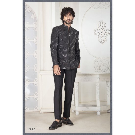 Black Sequence Work Zip Paattern Bandgala For Men