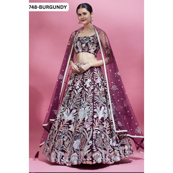 Elegant Burgundy Floral Embroidered Lehenga Choli with Net Dupatta – Bridal & Festive Wear