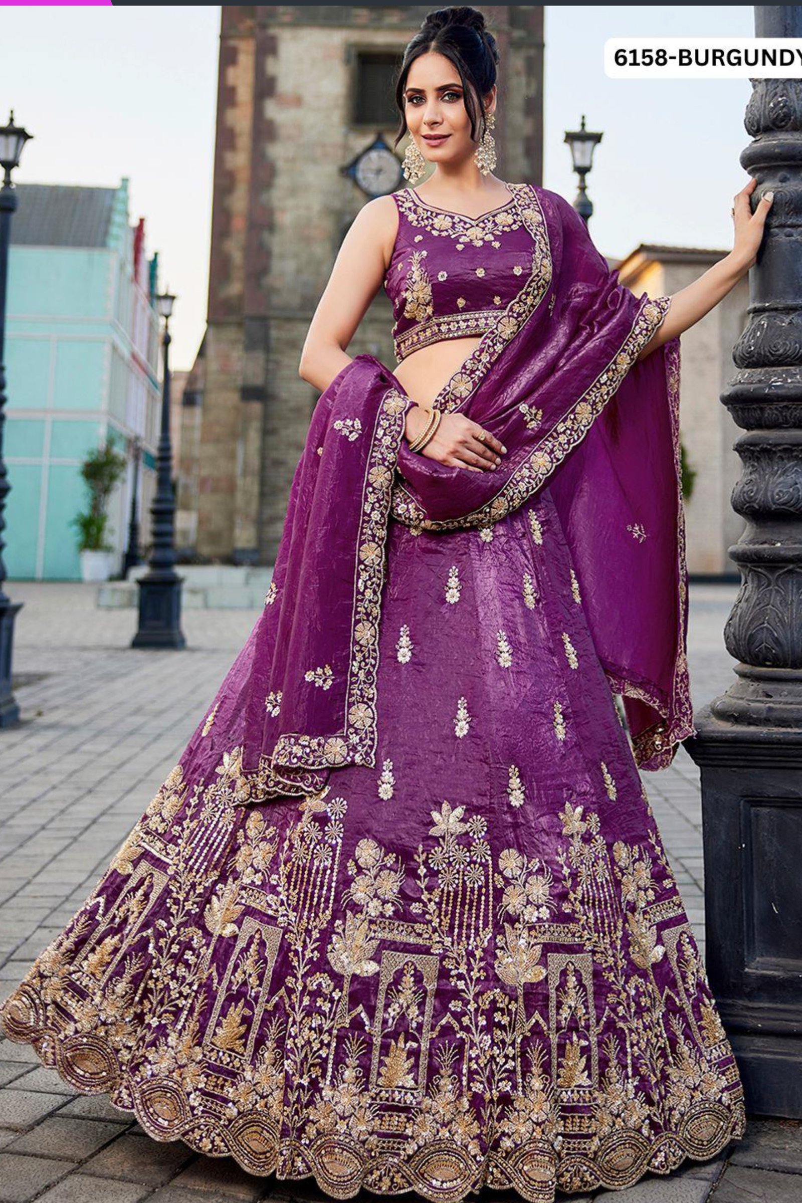 Burgundy Embroidered Lehenga Choli with Antique Gold Zari Work