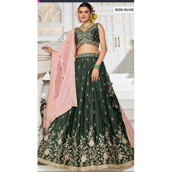 Elegant Olive Green Embroidered Lehenga Choli with Baby Pink Dupatta