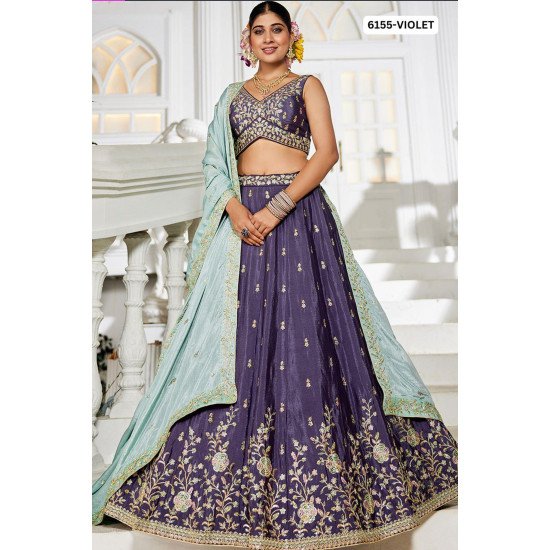 Voilet Embroidered Lehenga Choli with Sea Green Dupatta