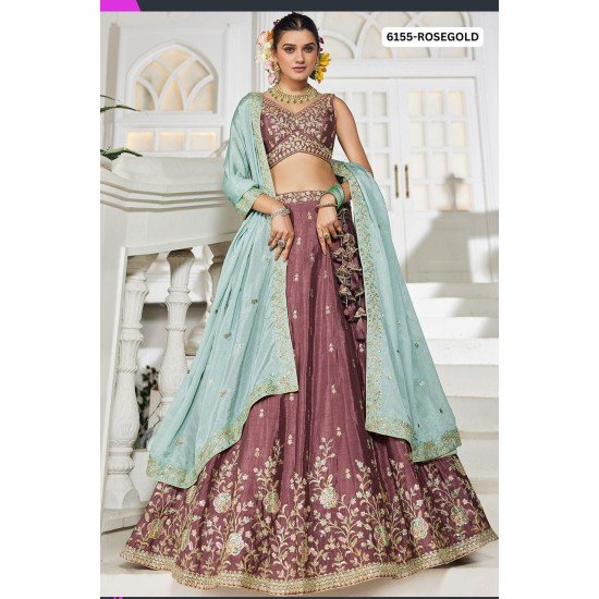 Elegant Rose Gold Embroidered Lehenga Choli with Sea Green Dupatta