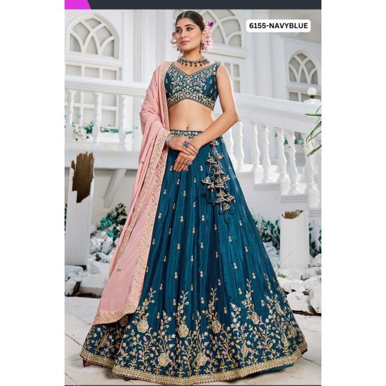 Elegant Navy Blue Embroidered Lehenga Choli with Peach Dupatta