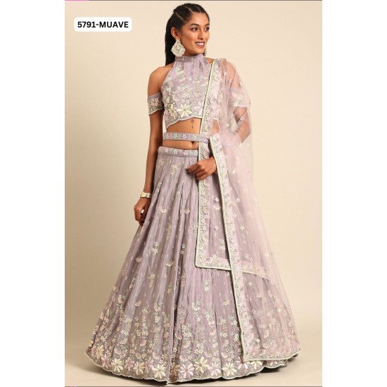 Designer Muave Floral Embroidered Lehenga Choli with Multicolor Accents – Light Festive & Daywear Elegance