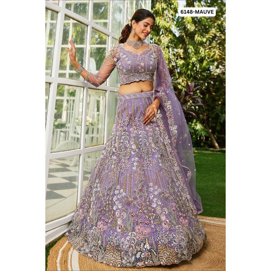 Regal Mauve Embroidered Net Bridal Lehenga Set