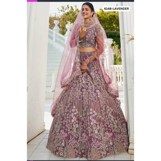 Designer Lavender Embroidered Net Bridal Lehenga Set