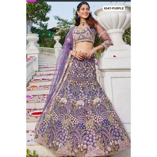 Designer  Purple Embroidered Net Bridal Lehenga Set