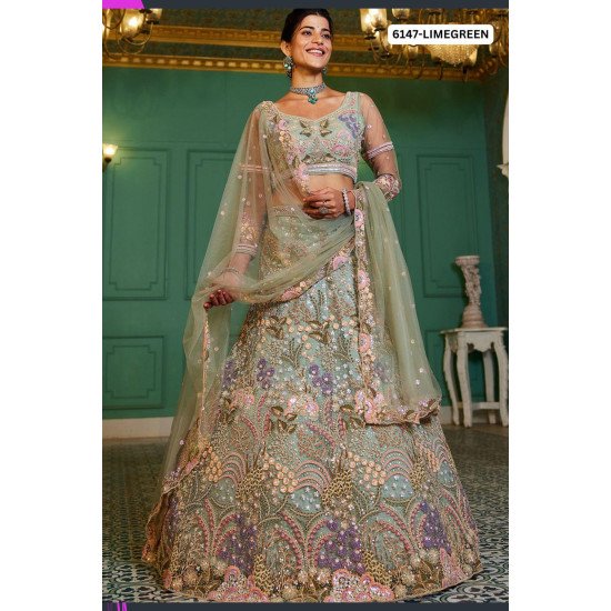 Designer Limegreen Embroidered Lehenga Choli and Sequin Work