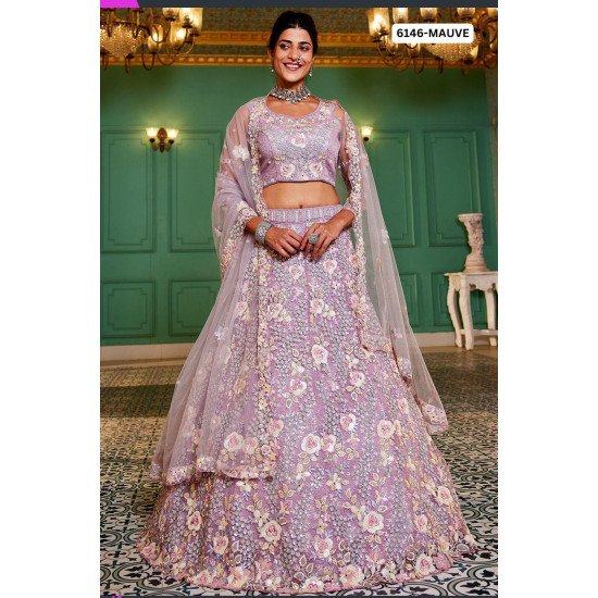Pastel Mauve Floral Embroidered Bridal Lehenga Set