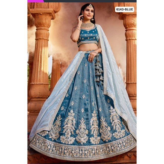 Designer Blue Silk Embroidered Bridal Lehenga Set