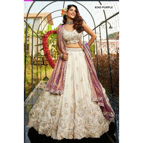 Ivory & Purple Designer Embroidered Bridal Lehenga Set