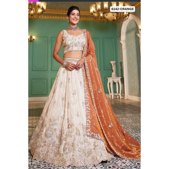Designer Ivory & Orange Designer Embroidered Bridal Lehenga Set 