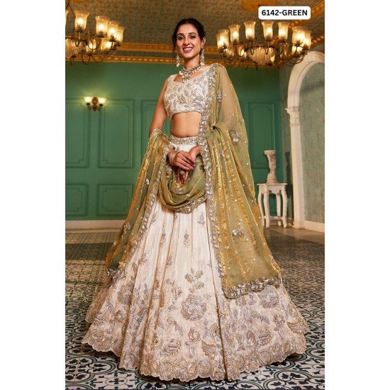 Ivory & Green Designer Embroidered Bridal Lehenga Set 