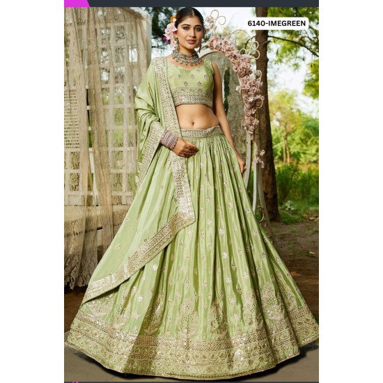 Lime Green Sequence Work Lehenga Choli with Net Dupatta
