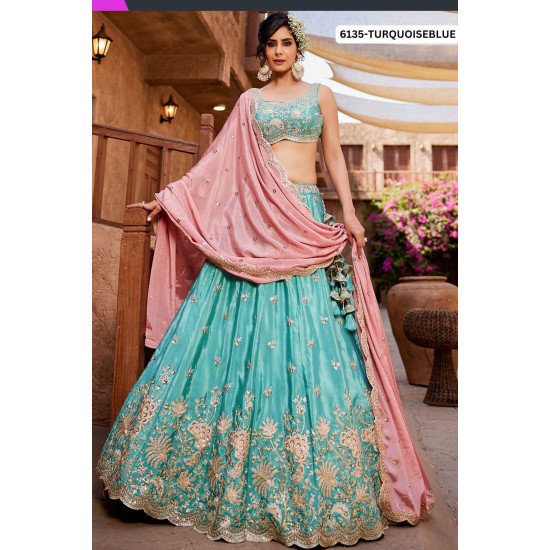 Pastel Aqua Blue Embroidered Lehenga with Pink Dupatta