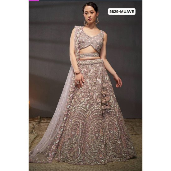 Designer Muave Colored Embroidered Lehenga Choli with Pastel Accents – Subtle Sophistication for Day Weddings