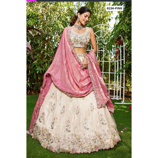 Designer Ivory Embroidered Lehenga with Pink Dupatta
