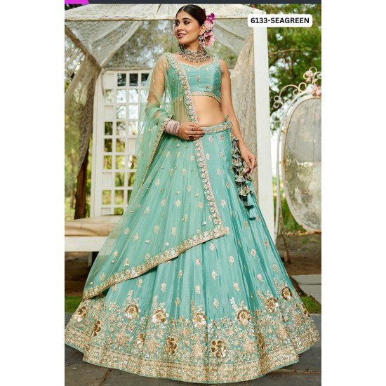 Sea Green Net Embroidered Lehenga Set with Heavy Floral Border