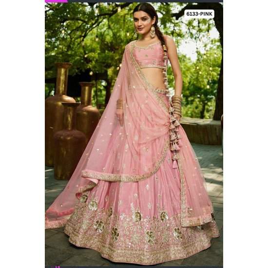 Designer Pink Net Embroidered Lehenga Set with Heavy Floral Border 