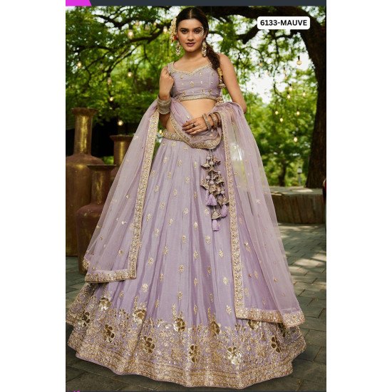 Designer Mauve Net Embroidered Lehenga Set with Heavy Floral Border 