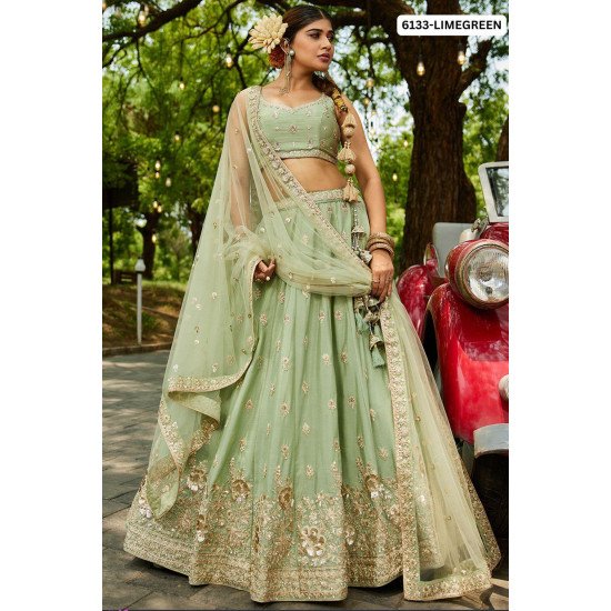 Lime Green Net Embroidered Lehenga Set with Heavy Floral Border 