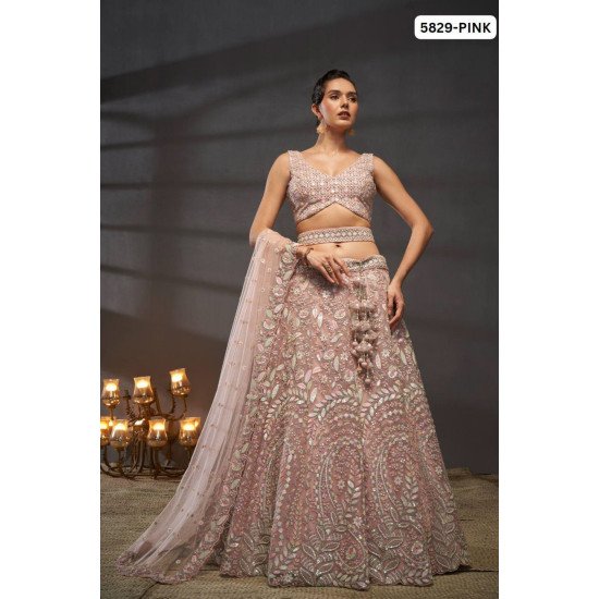 Designer Pink Embroidered Lehenga Choli with Pastel Accents – Subtle Sophistication for Day Weddings
